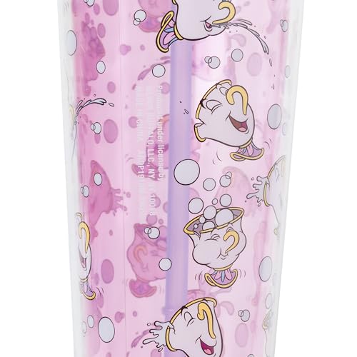 Silver Buffalo Disney Beauty and the Beast Plastic Cold Cup with Lid and Straw Topper Featuring Chip, 24 Ounces