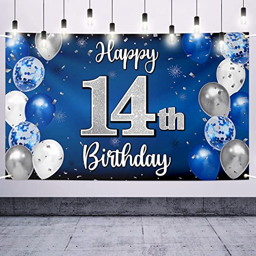 Nelbiirth Happy 14th Birthday Decorations,14th Blue & Silver Balloon Large Birthday Banner Backdrop Sign,Cheers to Fourteen Years Old Bday Party Supplies.