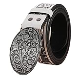 DLUKENY Cinturones de vaquero para hombre con hebilla grande grabada, cinturón de cuero vintage con flores grabadas, J, 102 cm