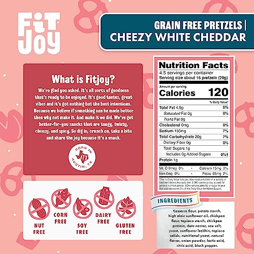 Image of FitJoy White Cheddar Pretzels (Pack of 6, 4.5 Oz) - Dairy, Nut & Gluten Free Snacks - Grain Free Cassava Root & Chickpea Flour Vegan Pretzel Twists - Classic Snack Pretzels for Moms and More