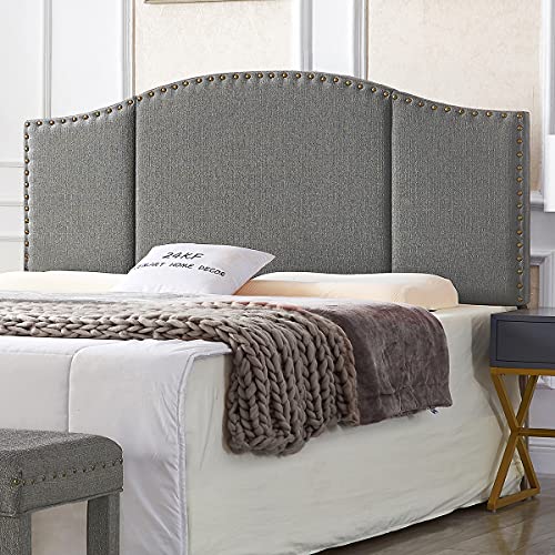 24KF Middle Century Linen Upholstered Tufted King Size Headboard with Antique Brass Nail Heads Trim King/California King headboard-Granite