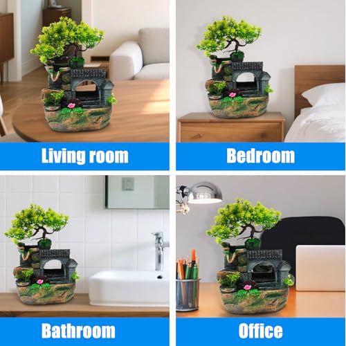 Tabletop Waterfall Fountain – 11 in Rockery Humidifier with Color-Changing LED Light, Adjustable Pump & Faux Bonsai Tree, Resin Indoor Desk Fountain Décor for Bedroom, Office, Aquarium, Meditation - Thumbnail 5