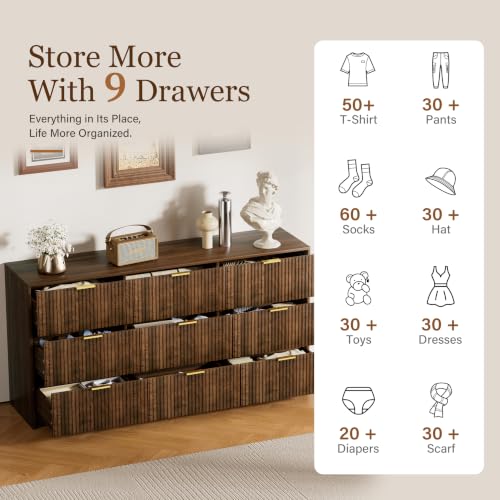 Image of Furniway Walnut Dresser for Bedroom, Modern Dresser with 9 Drawers and Smooth Slides, Wide Chest of Drawers with Golden Handles for Bedroom, Living Room, Closet, 15.7 inch D x 63 inch W x 31.5 inch H