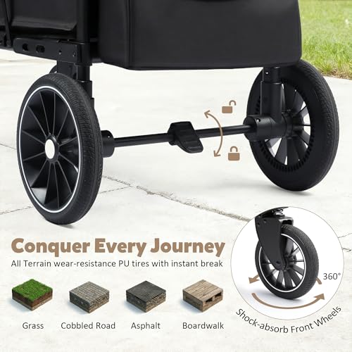 TODEFULL Stroller Wagon for 2 Kids, Foldable Push Wagon for Toddlers Baby with Canopy, Large Storage, 5-Point Harness, Adjustable Handle for Family Outdoor Activities