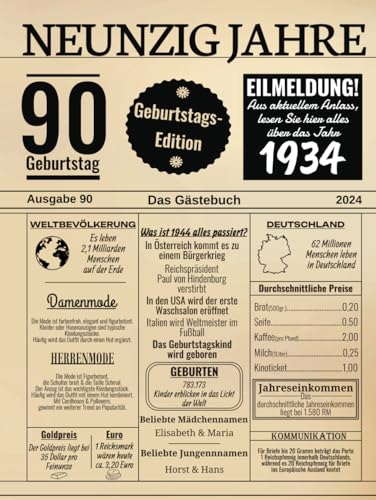 Neunzig Jahre Das Gästebuch: Zum 90 Geburtstag 2024 / Geburtsjahr 1934 / Zeitung Design Mit Ereignissen Jahrgang 34 / Geschenk Und Geburtstagsdeko / ... Und Fotos Einkleben / Geburtstagszeitung