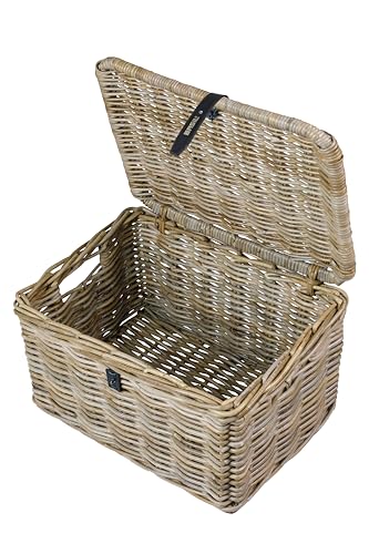 Basil DAX L Rattan Fahrradkorb, Stilvoller rechteckiger Aufbewahrungskorb mit Deckel und Kunstledergriffen, Grau, Handgeflochten, 30 l Volumen, Ideal für Damen- und Herrenfahrräder, Umweltfreundlich