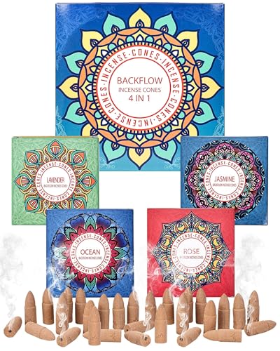 Backflow Incense Cones Gift Set Rose, Jasmine, Ocean, Lavender Variety Pack - 60 Pcs Large Back Flow Incense Cones Scented