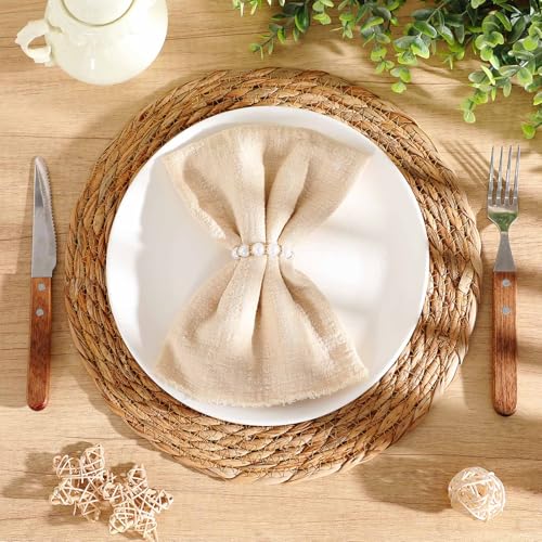 Image of 30 Pcs Cattail Round Woven Placemats Set, Cattail Placemats with Pearl Napkin Rings Boho Farmhouse Rustic Woven Chargers Natural Mat Bulk for Wedding Party, Dinner Table (13 Inch)