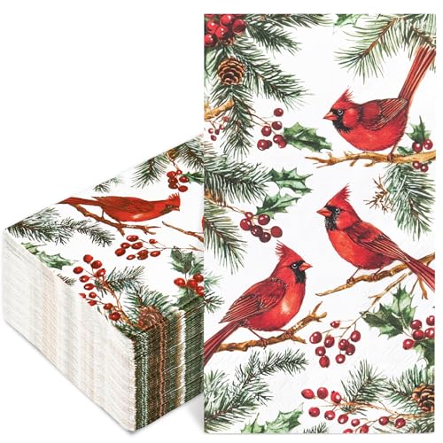 50 Pcs Christmas Cardinal Guest Napkins Red Cardinal Bird Pine Cone Disposable Paper Napkin Holly Berries Greenery Dinner Hand Napkins Xmas Guest Hand Towel for Winter Holiday Party Tableware Supplies