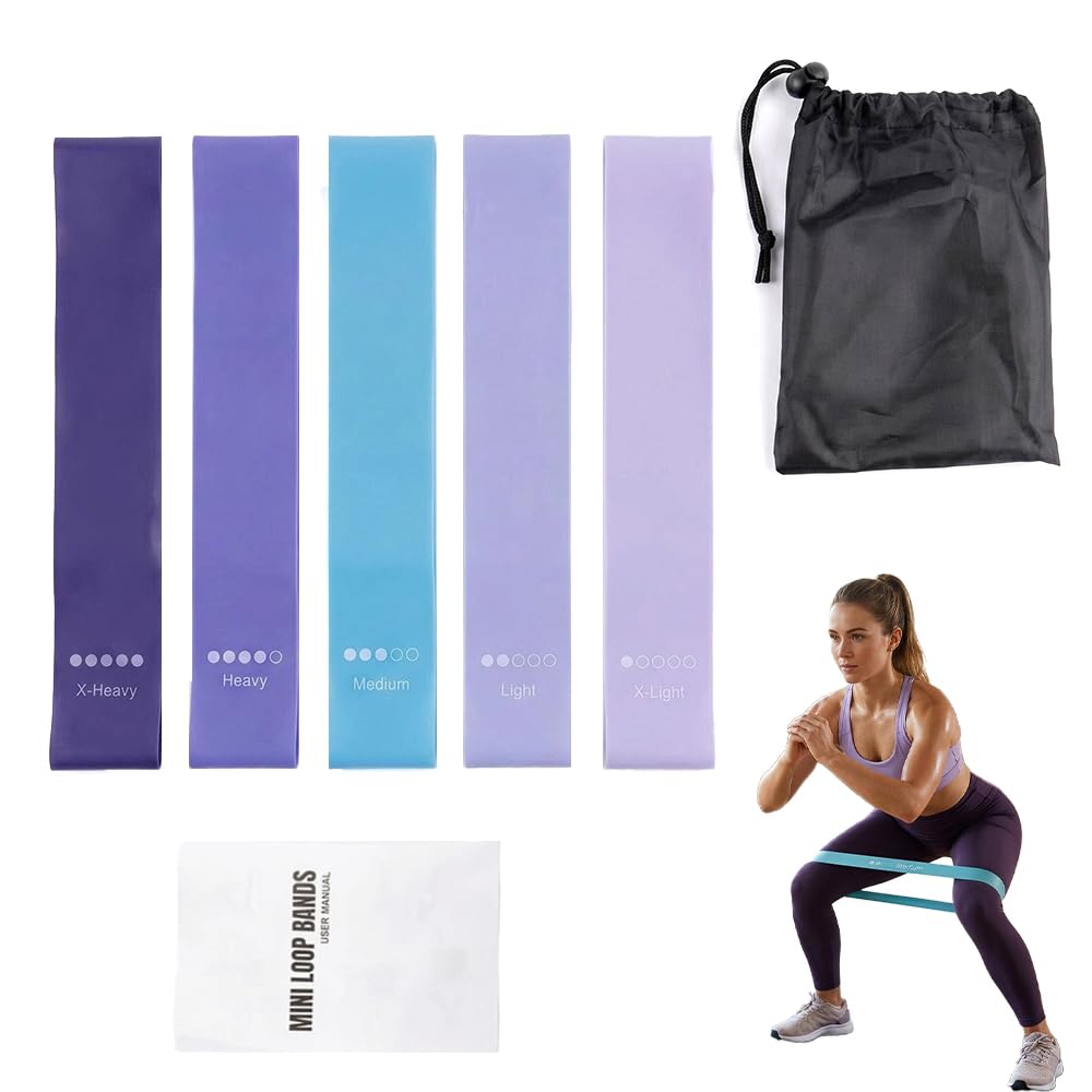 Resistance Bands Set of 5, Mini Loop Exercise Bands for Home Workout, Yoga, Pilates, Glutes & Legs Training - 5 Strength Levels with Carry Bag & User Manual (Gradient Blue)