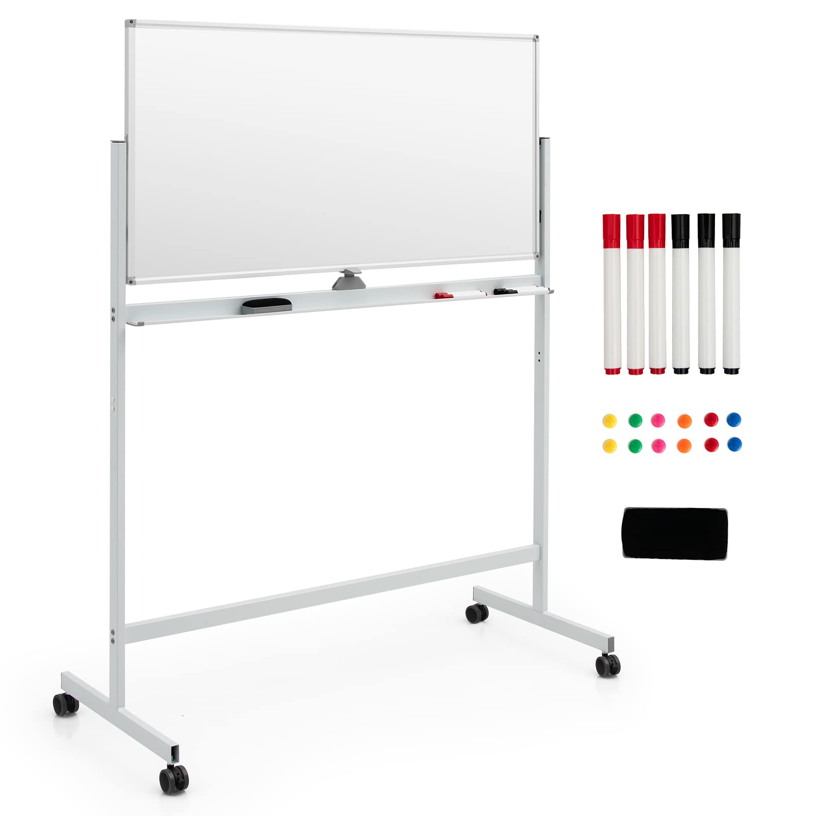 GOPLUS Pizarra Blanca Altura Ajustable en 2 Posiciones, Pizarra Blanca Magnética Giratoria de 360° con 4 Ruedas Universales, Tabla Borrable de 120x60 cm, para Escuela, Sala de Reuniones (Blanco)