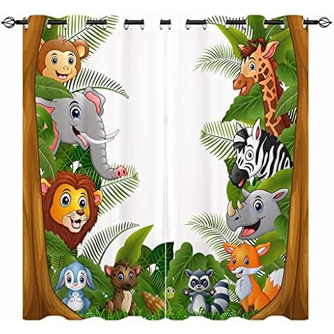 YUANZU Kids Curtains - Boys Girls Cartoons Jungle Forest Animals Zoo Family 3D Print Pattern Eyelet Blackout Thermal Insulated Window Drapes for Nursery Baby Bedroom Playroom 2 Panels W117cm x D137cm Cover
