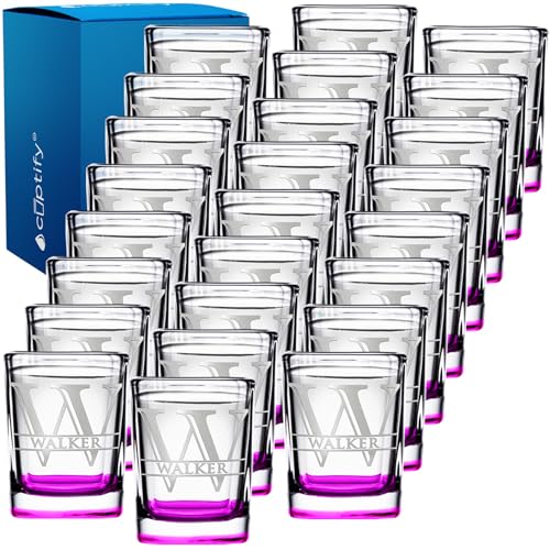 Personalized Square Shot Glasses Set of 25 Pink Bottom 2oz Engraved Initial and Name Custom Gifts, Weddings, Birthdays, Bachelorette Party and Decorations for Women