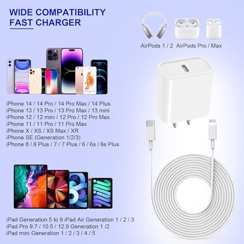 10FT iPhone Fast Charger,3Pack Extra Long[Apple MFi Certified]iPhone Charger Fast Charging Quick 10Foot USB C to Lightning Cable Cord Adapter Block for iPhone 14 Pro Max/14 Plus/13/12Mini/11/XS/X/iPad