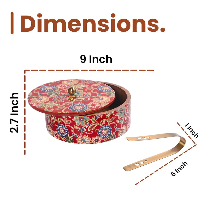 Image of Wooden Chapati Box for Kitchen - Casserole for Roti with Stainless Steel Brass Lid | Wooden Chapati Box with 1 Tong | Traditional Kitchen Organizer - Red (Printed)