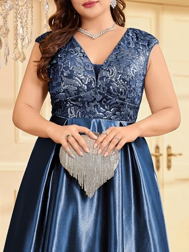 Image of Plus Size Satin Mother of the Bride Formal Gown for Wedding Sleeveless V-Neck Evening Dress