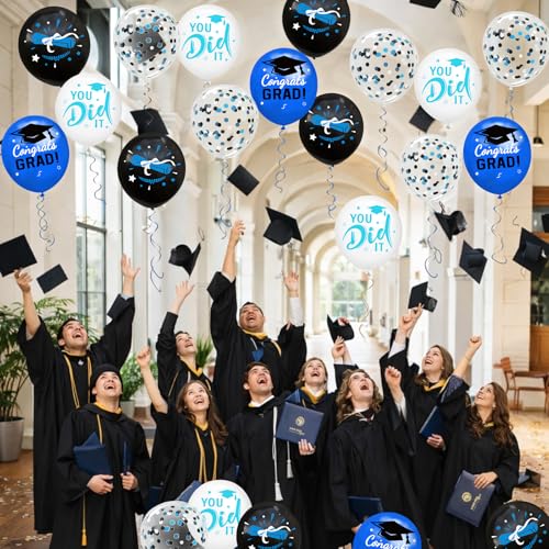 Image of Graduation Decorations 2026 - Graduation Balloons 62pcs 12 Inch Blue Black White Grad Print Latex Confetti Balloons for College High School Class of 2026 Congrats Grad Party Decor Supplies (Ribbon)