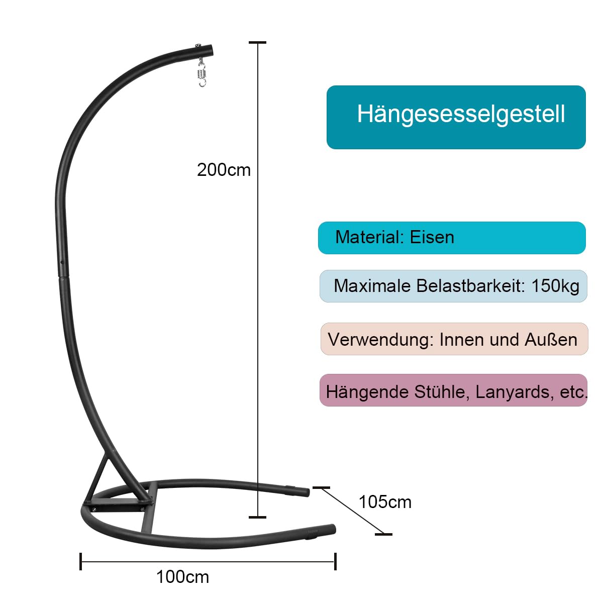 Hängesesselgestell, Hängesessel mit Gestell, Max Belastung 150 kg, für Indoor & Outdoor, Garten, Schwarz (Nur Hängesesselgestell)