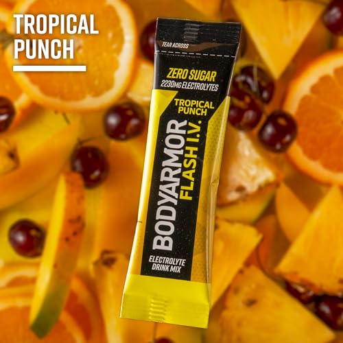 Image of BODYARMOR Flash I.V. Electrolyte Packets,Tropical Punch,Zero Sugar Drink Mix, Single Serve Packs, Coconut Water Powder, Hydration for Workout, Travel Essential, Just Add Sticks to Liquid (Pack of 90)