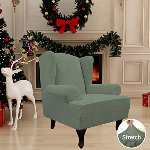 Image of Easy-Going Stretch Large Wingback Chair Sofa Slipcover Greyish Green | 1-Piece Sofa Cover Furniture Protector Couch Soft with Elastic Bottom, Spandex Jacquard Fabric Small Checks