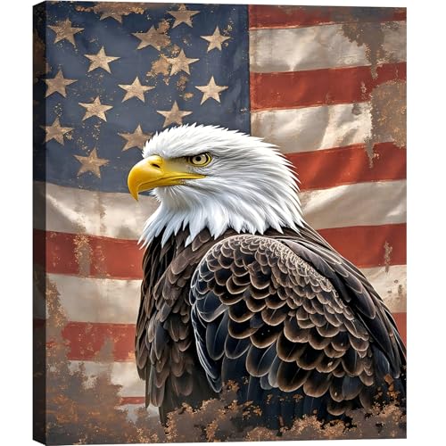 Image of Framed Vintage Bald Eagle American Flag Wall Art, Patriotic Rustic Canvas Art Pictures, USA Eagle Wall Decor, Made in USA Ready to Hang for Office Man Cave