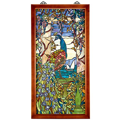 Stained Glass Panel - Peacock With Wisteria Wood Framed Stained Glass Window Hangings - Window Treatments