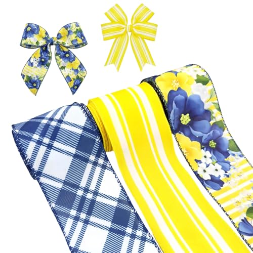 Spring Summer Blue Floral Wired Ribbon, Retro Yellow Blue Flower Ribbon for Bow Wreath Making DIY Gift Wrapping, Holiday Wedding Birthday Party Decorations, 3 Rolls, 2.5Inch,12 Yards (Blue)