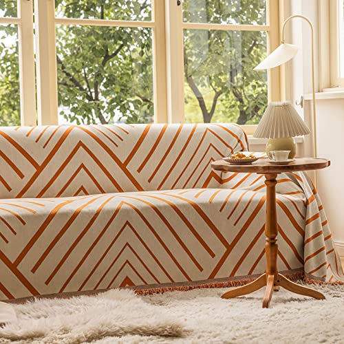 Herringbone Couch Cover Beige Orange Sofa Cover Soft Chenille Couch Cover Boho Dog Cat Pet Sofa Slipcover Geometric Futon Couch Cover With Tassels Furniture Protector Sectional Couch Cover, 71"X 118" #TOP1