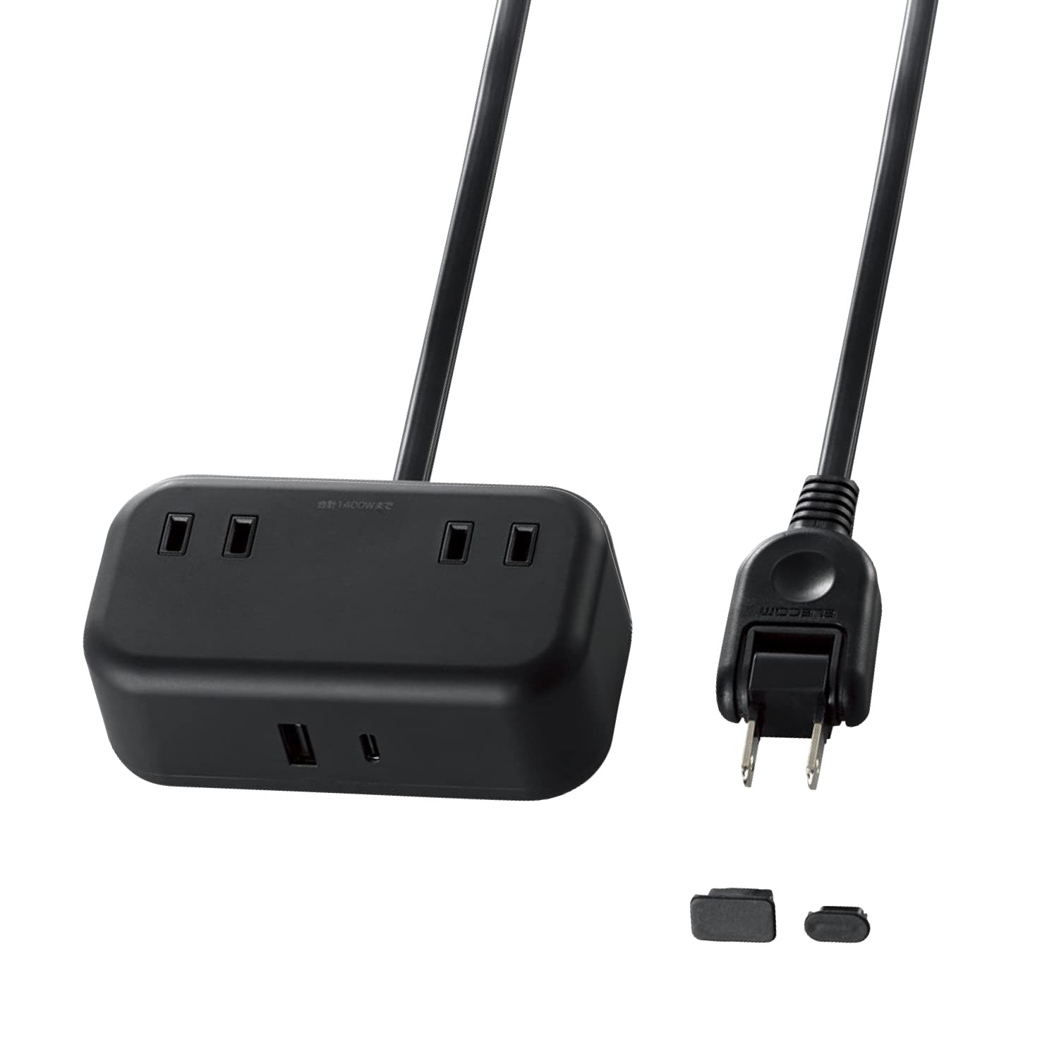 エレコム(ELECOM) 電源タップ USBタップ 1m [ USB-C 1ポート / USB-A 1ポート / コンセント2口 ] 卓上タップ USBポート用キャップ付き ブラック T-U04-2210BK