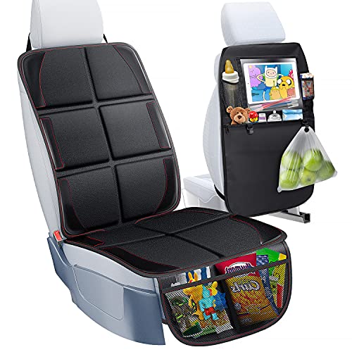 Gimars Car Seat Protector+ Backseat Car Organizer Kick Mat, Large Waterproof 600D Fabric Child Baby Seat Protector with Storage Pockets for SUV, Sedan, Truck, Leather and Fabric Car Seat