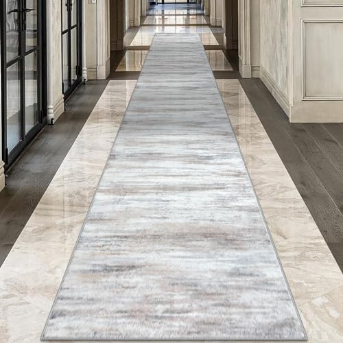 KOZYFLY Modern Abstract Kitchen Runner Rug, 2.6x18 Washable Rug Runner Non-Slip Soft Striped Hallway Runner Rugs, Beige Print Distressed Carpet Runner for Entryway Bathroom Laundry Room Foyer