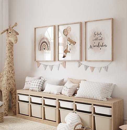 artpin® Poster Kinderzimmer Deko - 3er Set Bilder Babyzimmer Sand Beige für Junge Mädchen -A4 Fuchs Tierposter Luftballon Beige (K4)
