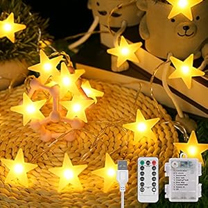 Molbory Led-lichtketting, sterren, 8 modi, 30 sterren, 6,5 m, lengte led-lichtketting met USB-poort, opladen op batterijen, warmwit, voor kamer, binnenverlichting, Kerstmis
