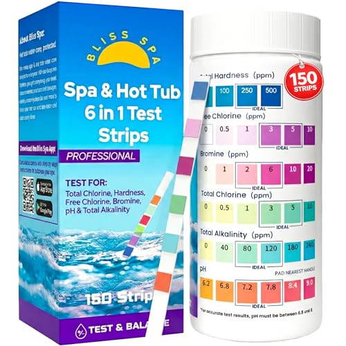 Spa Hot Tub Test Strips 6 in 1 (150 Strips), Easy & Accurate Spa Testing Strips for pH, Alkalinity, Free Chlorine, Total Chlorine, Bromine & Hardness