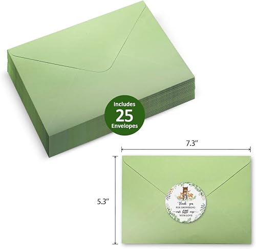 Miniatura 4 de 25 invitaciones para baby shower de bosque con sobres, boletos para rifas de pañales y tarjetas de solicitud de libros, calcomanías de animales del