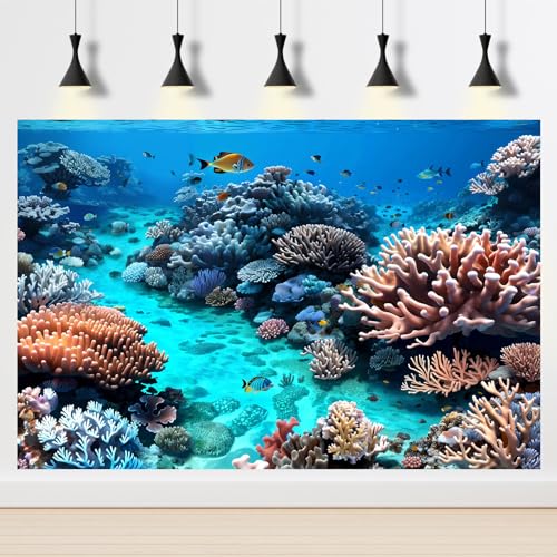 Image of Undersea Aquarium Background Beautiful Coral and Fish Terrarium Backdrop Coral Reef Tropical Sea Hard Corals Fish Tank Background Underwater Plants Aquarium Poster Background Vinyl 72x18in