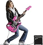 Pack de guitarra electrica strato en color rosa con motivos punk-rock.