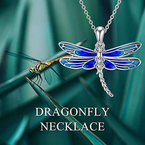 PELOVNY Christmas Gifts Blue Dragonfly Necklace for Women S925 Sterling Silver Dragonfly Pendant for Dragonfly Gifts for Lover Chain 18’’+2’’2