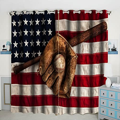 Baseball With American Flag Pattern Window Curtain Panels Blackout Curtain Panels Thermal Insulated & Light Blocking 42W X 84L Inch (Set Of 2 Panels) #TOP5