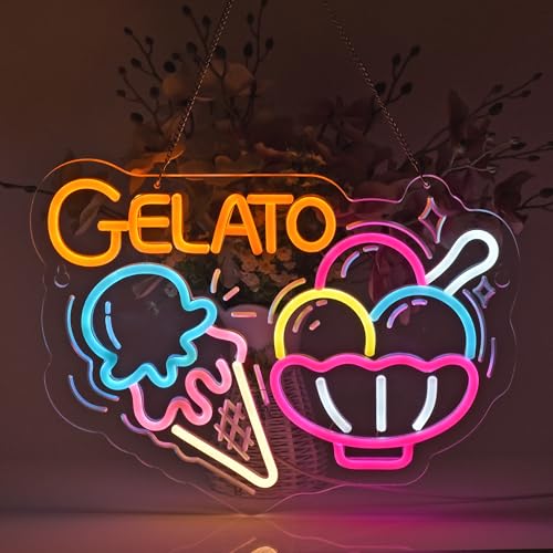 Image of Gelato Neon Sign, Neon Lights Hanging Wall Art Decoration for Restaturant Shop Food Truck Market Bakeries Cafe Celebration Home Decor, USB Powered Ultra Bright Dimmable,15.75x11.8inches