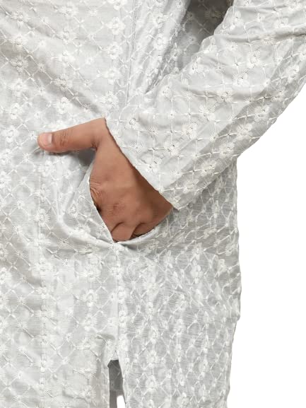 Image of SOJANYA (Since 1958, Men's Silk Blend Grey Kurta Pyjama & Silk Blend Jacket Combo