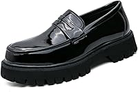 Galonfulty Men's Leather Platform Chunky Slip-On Penny Loafers - Comfortable Lug Sole Business Casual Shoes