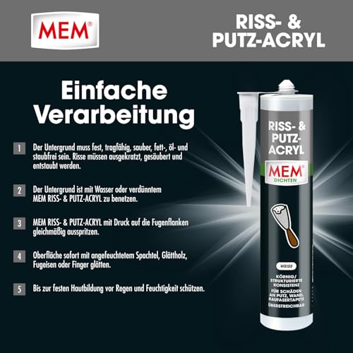 MEM Riss- und Putz Acryl, Acrylat-Dichtstoff für strukturierte oder mineralische Untergründe, Innen und außen anwendbar, Überputzbar und überstreichbar, Lösemittelfrei, 300 ml Kartusche, Weiß
