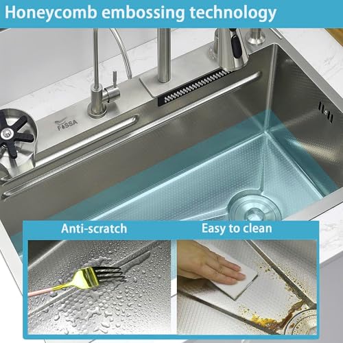 Image of Fossa 30x18x9 Inch Waterfall Kitchen Sink, Single Bowl Premium Stainless Steel Sink with 2.6 mm Collar & 0.9 mm Bowl, Pull-Out Faucet, RO Tap, Cup Washer, Soap Dispenser, Silver Honeycomb Finish