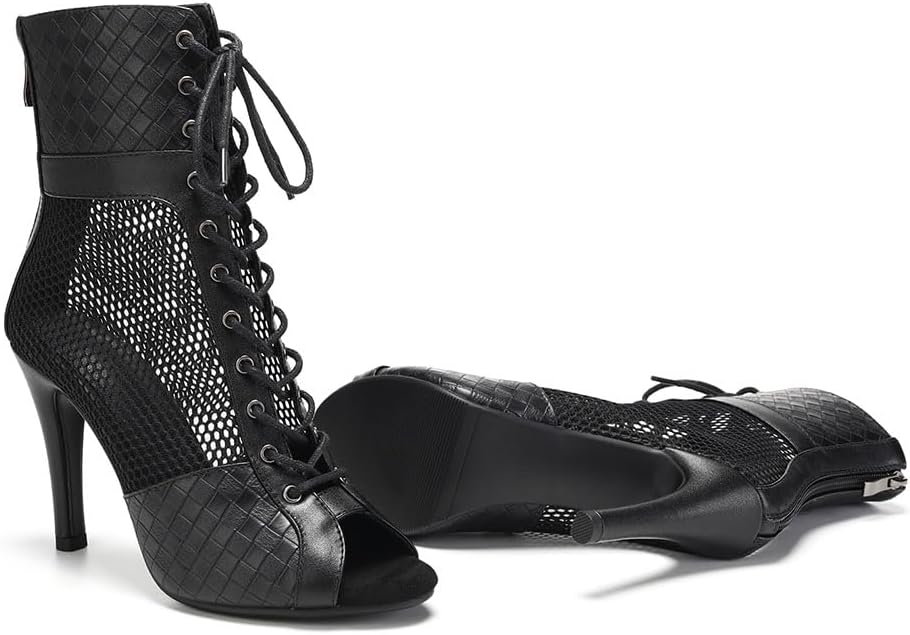 Women's Dance Boots Peep Toe Mesh Lace up Latin Salsa Ballroom Performance Ankle Dance Shoes