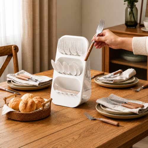Image of Kitchen Utensil Holder with Drain Tray & Dustproof Cover | 3 Compartment Cutlery Organizer | Self Draining Countertop Storage Rack for Spoons Forks Chopsticks Kitchen Accessories (White)
