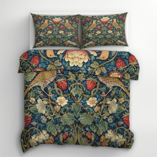 Image of Morris Style Floral Duvet Cover Super King Bedding Set, Boho Strawberry Thief Pattern, Reversible Design Bedroom Decor Bed Quilt Cover with 2 Pillowcases, Microfiber, Zip - SMK19597