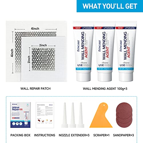 Image of BONCART Spackle Wall Repair Kit, 3-Pack Wall Mending Agent with Tools | Includes Scraper, Sandpaper, And Aluminum Patches. For Cracks And Nail Holes.