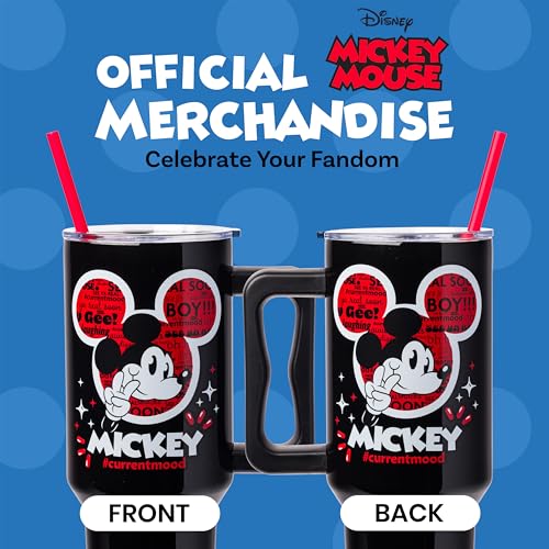 Image of Silver Buffalo Disney Classic Mickey Mouse Hashtag Current Mood inch#currentmood inch Double Walled Stainless Steel Tumbler with Handle and Straw, Fits in Standard Cup Holder, 40 Ounces