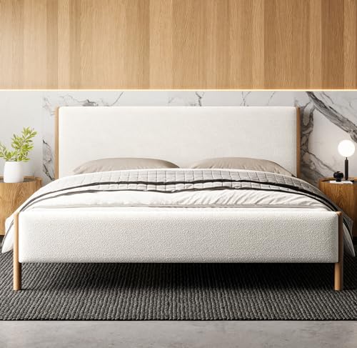 Omax DecorLiana Modern Style Upholstered Platform Bed with Soft Boucle Fabric and Solid Wood Legs - Box Spring Not Required - White Boucle, King Size